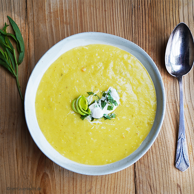 Kartoffel-Lauchsuppe mit Grauburgunder und einer Estragon-Mayonnaise